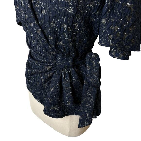 Anthropologie Eva Franco Navy‎ Gold Shimmer Wrap Blouse Women’s Size 6 - Picture 5 of 10